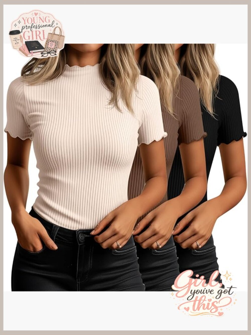 3 Pack Mock Turtleneck Tops Short Sleeve Ribbed Knit Tees Business Casual